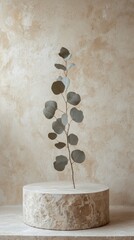 Poster - A minimalist podium showcases a single slender branch adorned with soft leaves, set against a subtly textured wall, creating an elegant atmosphere in the exhibition room