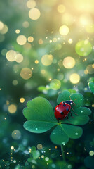 Poster - Close-up of a ladybug on a clover leaf with soft bokeh background, symbolizing nature, good luck, and the beauty of spring
