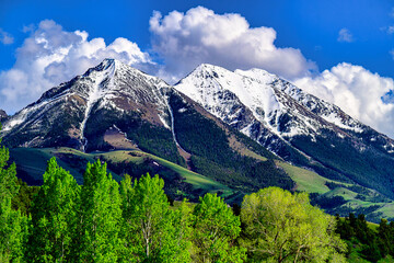 2022-06-10 THE SNOW COVERED ABSAROKA  MOUNTAIN RANGE WITH TREE LINED HILLS AND VALLEY NEAR PRAY MONTANA