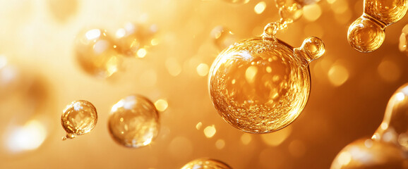 Poster - Close-up of glowing bubbles floating in golden light, creating a dreamy and abstract atmosphere, symbolizing joy, celebration, and the beauty of light and reflection.