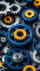 Poster - Blue And Yellow Gears Background, Abstract Industrial Mechanism With Interlocking Cogwheels