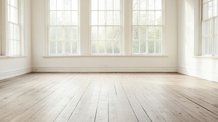 Wall Mural - Empty room with large windows, natural light, wooden floor.  Possible use Stock photo for interior design, real estate, or architectural purposes