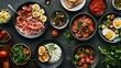 © liliyabatyrova - A delightful arrangement of wholesome dishes features fresh tomatoes, greens, eggs, and savory meats, beautifully presented on a dark table, inviting a feast of flavors
