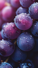 Wall Mural - Close-up of fresh purple grapes covered in water droplets, symbolizing freshness, vitality, and health, representing natural beauty, hydration, and nourishment.