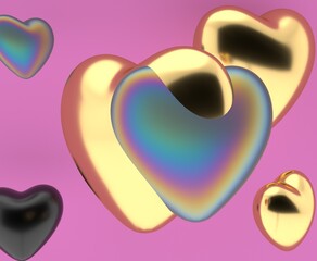 Poster - 3D illustration of metallic hearts in black, gold, and iridescent hues floating against a pink background, creating a modern and enchanting visual scene full of vibrant colors and shapes.