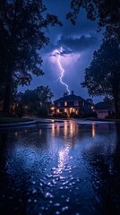 Aufkleber - Dramatic lightning forks through the darkened sky, casting radiant light over a peaceful suburban home. Reflections shimmer on the wet streets as remnants of rainfall linger