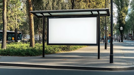 Poster - Contemporary bus stop featuring a transparent shelter and a blank advertising board in a lively city area : Generative AI