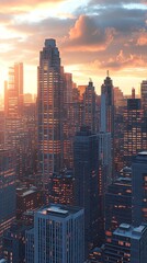 Poster - Stunning aerial view of a vibrant city skyline at sunset with glowing skyscrapers and dramatic clouds : Generative AI