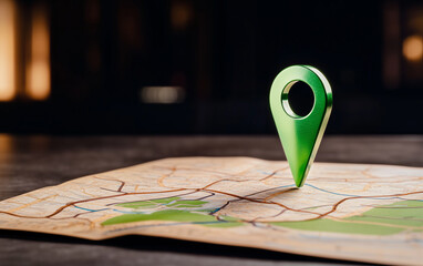 Poster - Map pin on a detailed map showing location and direction. Green map pin stands out on a map. Location and travel concept