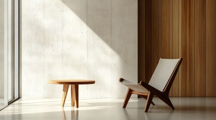 Poster - Sunlight filters through large windows, casting gentle shadows on the exquisite minimalist wooden interior. A simple chair and round table create a serene atmosphere, inviting relaxation