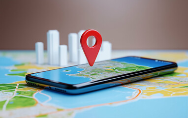 Poster - Smartphone with map navigation and location marker on map. Mobile phone showing city map with location pin. City buildings in the background