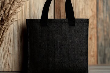 Poster - Elegant black tote bag placed against a rustic wooden backdrop emphasizing simplicity and style : Generative AI