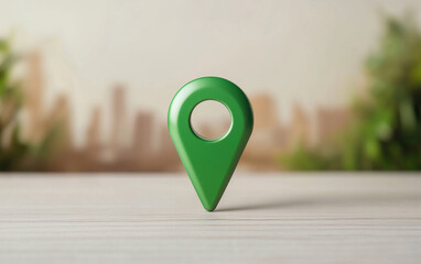 Poster - Green location pin on the table. Green location pin on the blurred background. Green location pin for map