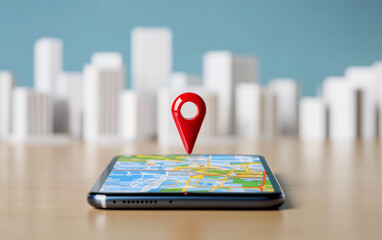 Poster - Smartphone displaying map with location pin over city background. Mobile phone showing navigation app with red location pin on screen. Location pin on smartphone with city map for navigation