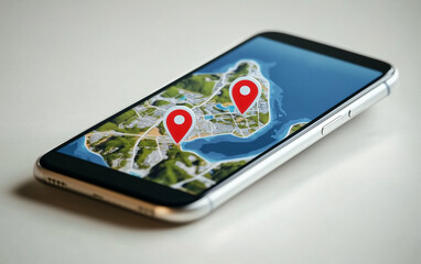 Poster - Smartphone displays map with location pin. Mobile phone showing city map with location markers on screen. Smartphone with map and location pins for navigation