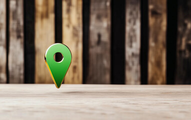 Poster - Location Pin on Wooden Surface. Green location pin icon on wood table against wooden background. Map marker location pin for navigation