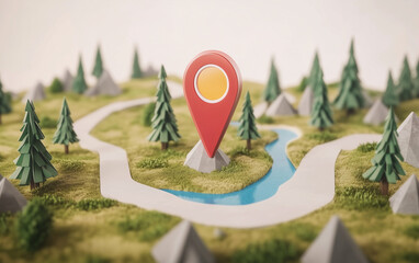 Poster - Map Pin on Low Poly Map with Trees and River. Location pin on a stylized map illustration with a winding river and stylized trees. Map location pin with river and trees