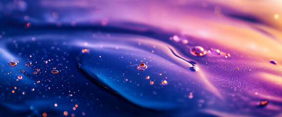 Fototapete - A close-up image of water droplets on a purple and blue surface, creating a beautiful abstract pattern, representing fluidity, color contrast, and a sense of calm beauty.