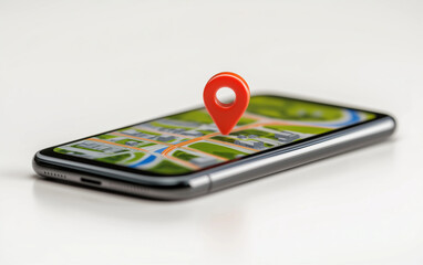 Poster - Smartphone with map and location pin on screen. Smartphone displaying map with location pin. Mobile phone showing map and location