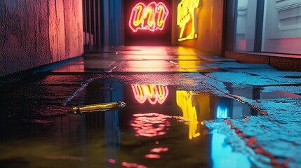 Aufkleber - Vibrant neon lights reflected on wet pavement in an urban alley after a rain shower : Generative AI