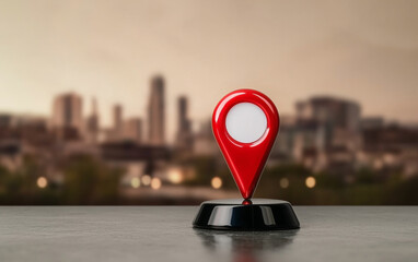 Poster - Location pin on black stand with blurred city background. Red location pin. Transportation marker location pin