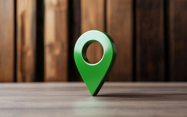 Aufkleber - green map pin on wooden surface. location marker on wooden background
