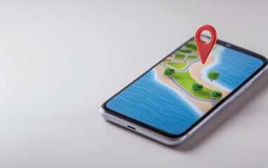 Poster - Smartphone displaying mobile mapping with digital location and red pin. Mobile phone showing location map with trees and beach with red pin marker on the screen. Smartphone with map and location pin