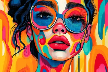 Poster - Colorful abstract portrait of a woman with bold glasses and vibrant facial makeup : Generative AI