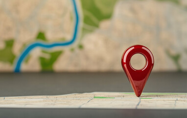 Poster - Map Pin on a Detailed Map Location. Red map pin indicates a precise location on a detailed map. The map features roads rivers and terrain providing a comprehensive view of the area