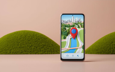 Poster - Smartphone displaying map with location pin on screen showcases city skyline and river. Location pin on smartphone map application for navigation and travel