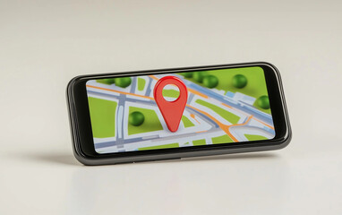 Poster - Smartphone displaying map with location pin. The screen shows a map with streets green areas and a prominent red location pin. The smartphone is positioned horizontally on a neutral surface