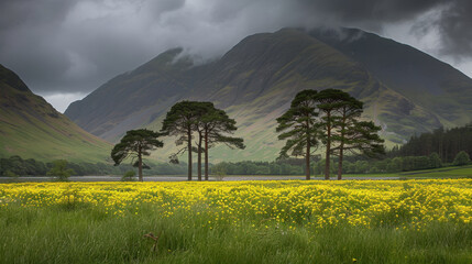 Wall Mural - serene landscape featuring tall trees amidst vibrant yellow flower field, set against dramatic mountains and cloudy sky, evoking sense of tranquility and natural beauty