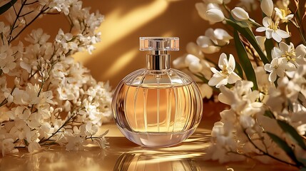 Aufkleber - elegant perfume bottle surrounded by delicate white flowers in soft golden light : generative ai