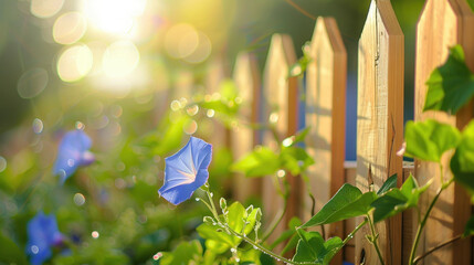 Wall Mural - beautiful morning scene featuring blue morning glory flowers climbing wooden fence, surrounded by lush green leaves and soft sunlight creating dreamy atmosphere