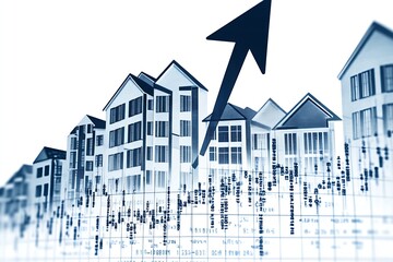 Poster - An upward arrow highlights a rise in property values overlaid on a graph of houses representing real estate trends : Generative AI