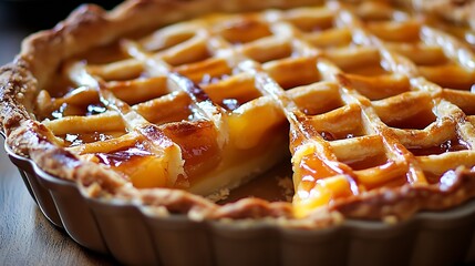 Poster - Delicious homemade peach pie with a golden flaky crust and juicy peaches prepared and ready for serving : Generative AI