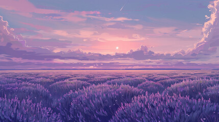 Wall Mural - serene lavender field under colorful sunset sky, with soft clouds and hint of stars. tranquil atmosp