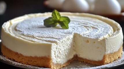 Poster - Creamy cheesecake with a mint leaf garnish showcasing a delectable dessert for foodies and chefs : Generative AI