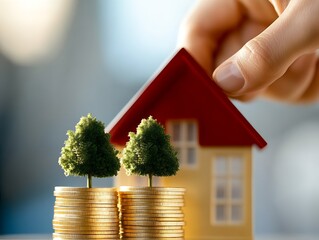 Aufkleber - Financial investment concept showcasing miniature trees and house over stacks of coins representing growth : Generative AI