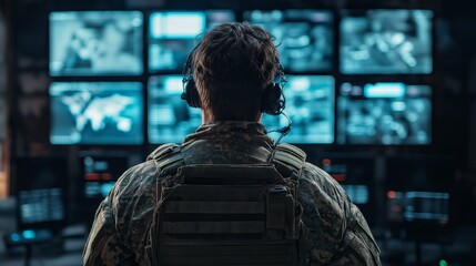 Poster - Tactical military soldier monitoring surveillance screens in a high-tech operations center, showcasing defense intelligence, strategic control, and modern security technology, Generative AI