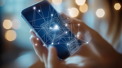 Fototapete - Hands holding smartphone displaying connected digital network visuals with glowing lines and data icons : Generative AI
