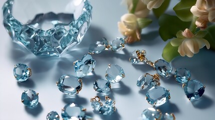 Poster - Exquisite display of blue gemstones and glassware in a well-lit setting showcasing elegance and beauty : Generative AI