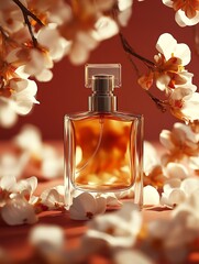 Aufkleber - Elegant perfume bottle surrounded by delicate white flowers on a soft textured background : Generative AI