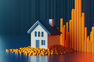 Poster - Stylish model house surrounded by golden coins representing real estate investment and market trends with graphs : Generative AI