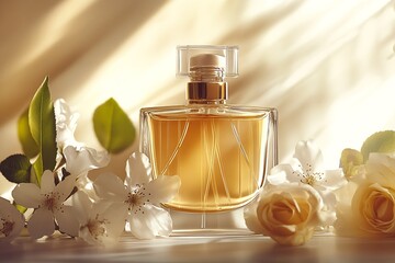 Poster - Elegant perfume bottle surrounded by beautiful white flowers in soft natural light : Generative AI