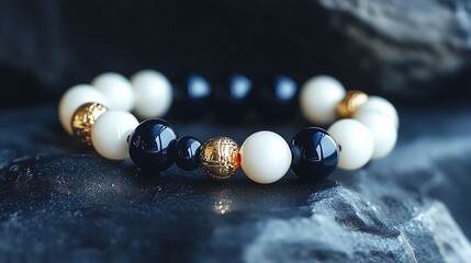 Poster - Elegant black and white bead bracelet with golden accents on a dark surface : Generative AI
