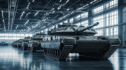 Poster - Row of modern armored tanks inside a high-tech military production facility, emphasizing defense technology, industrial precision, and tactical preparedness, Generative AI