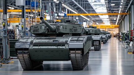 Poster - Modern battle tanks lined up in a high-tech production facility, highlighting military engineering, industrial precision, and advanced armored vehicle technology, Generative AI