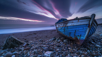 Wall Mural - weathered blue boat rests on rocky beach at sunset, surrounded by smooth pebbles and soft waves. sky is painted with vibrant pink and purple hues, creating serene atmosphere