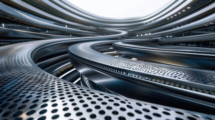Poster - Futuristic architecture with curved metallic structures and perforated surfaces, creating dynamic and modern aesthetic. design showcases innovation and creativity